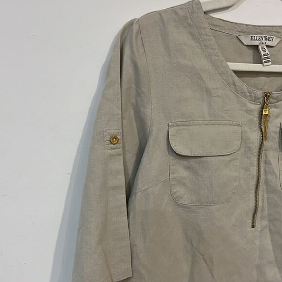 Ellen Tracy Cream Roll Tab Sleeve Linen Tunic Size Small - Picture 9 of 16